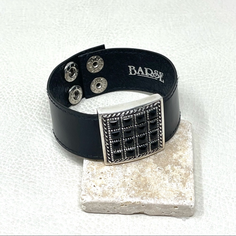 Vintage Barse Sterling Silver Black Onyx Leather Cuff
